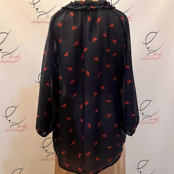 ReneeC. Sz M. Black Chiffon Sheer Cat Kitten Print Raglan Sleeve Blouse. B112 - Picture 2 of 4